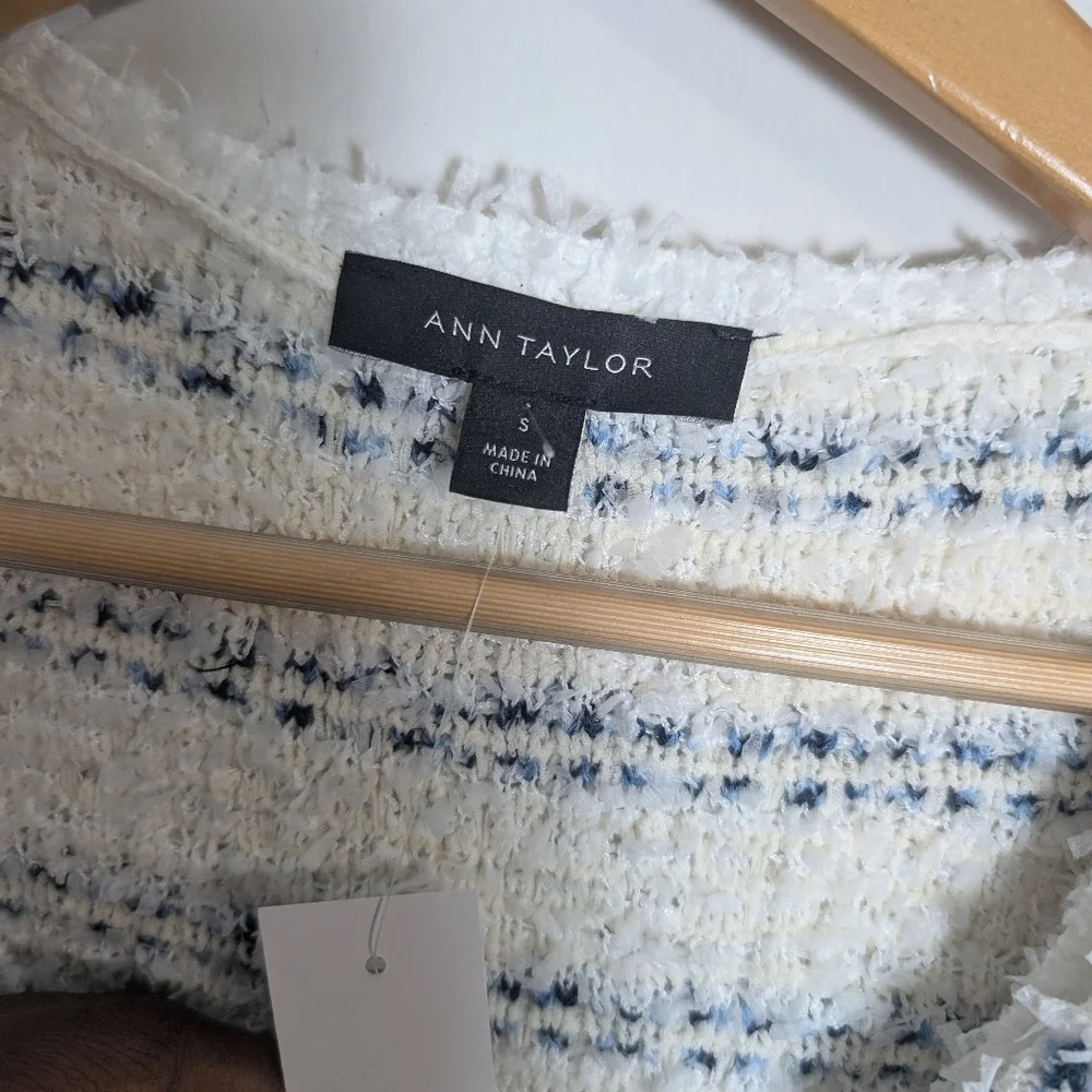 Ann Taylor Cardigan Set Tweed Stripe Gold Button Blue White Fuzzy Sweater Sz S